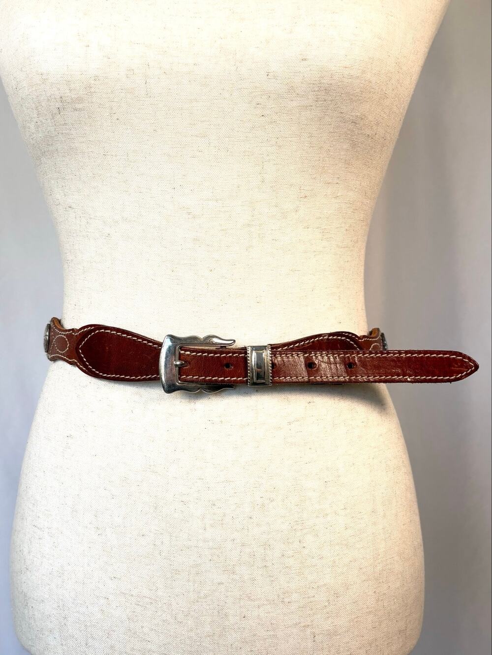 Leather Conch Belt Brown Silver Medallions Vintage Western Topstitched Women S M